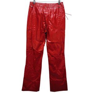 Red Lace-Up Womens Faux Leather Pants With Grommet Details & Flared Legs Size L
